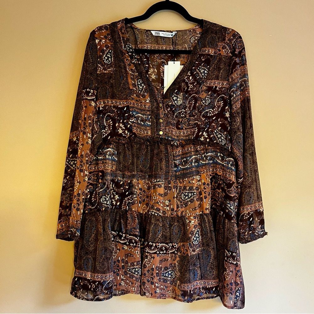 NWT Zara M Brown and Blue Patchwork Blouse Tunic Bohemian, Loose fit, Fall